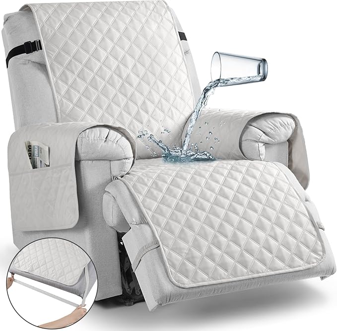 TAOCOCO Waterproof Recliner Chair Covers with Leg Strap 1 Piece Recliner Covers for Recliner Chair for Pets Kids, Washable Reclining Chair Cover Furniture Protector with Straps (23'' Small, Off White)