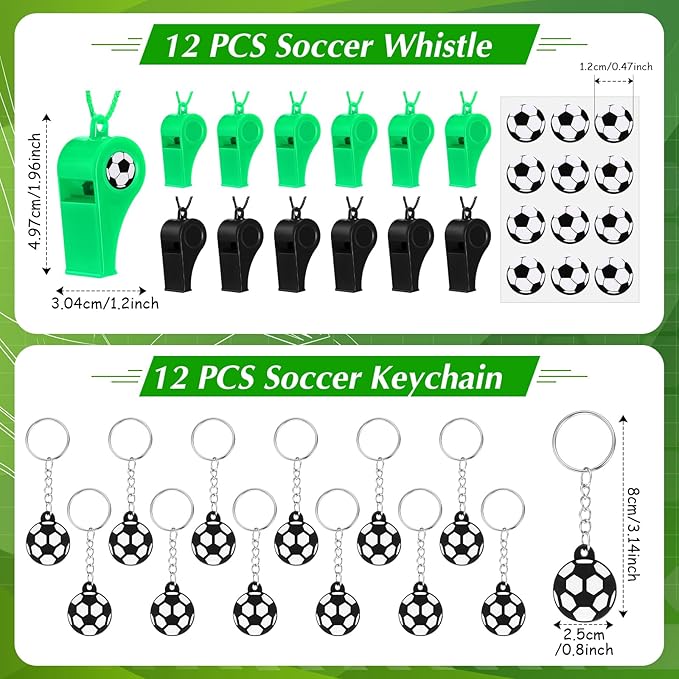 Aoriher 108 Pcs Soccer Party Favors Set Soccer Party Themed Goodie Bag Fillers Mini Soccer Balls Whistle Silicone Bracelet Tattoo Sticker Temporary Keychain for Sport Party Supplies