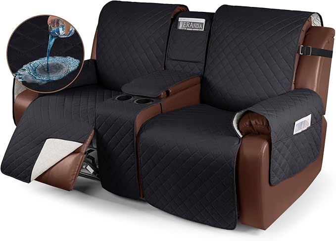 KinCam 100% Waterproof Recliner Loveseat Cover with Console, Non-Slip Reclining Couch Covers for 2 Seat, Recliner Sofa Cover Furniture Protector with Elastic Straps for Kids, Pets, Black