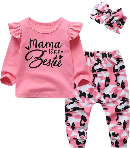 KuKitty 3Pcs Baby Girl Outfits Set Long Sleeve T-Shirt Tops Flowers Pants with Headband