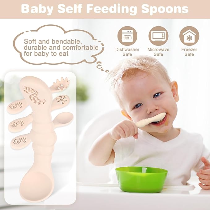 Silicone Baby Spoons Self Feeding 6+ Months 3PCS Toddler Forks and Spoons Utensils Baby Led Weaning Teething Spoon Infant Spoons First Stage Newborn Baby Essentials Baby Gifts Beige