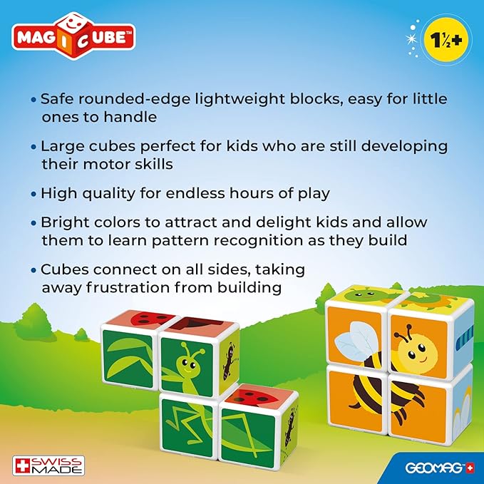 Geomag MagiCube Small Animals 4-Piece Magnetic Stacking Cubes Building Set, Toddlers & Kids Ages 1.5 and Up, STEM Educational Toy, Swiss-Made, Creativity, Imagination, 6 Adorable Building Ideas