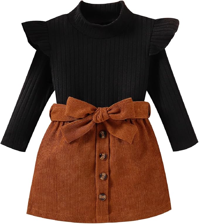 Fernvia Toddler Baby Girl Fall Winter Skirt Set Turtleneck Ribbed Long Sleeve T-Shirt Top & Plaid Skirts Dress 2Pcs Outfits