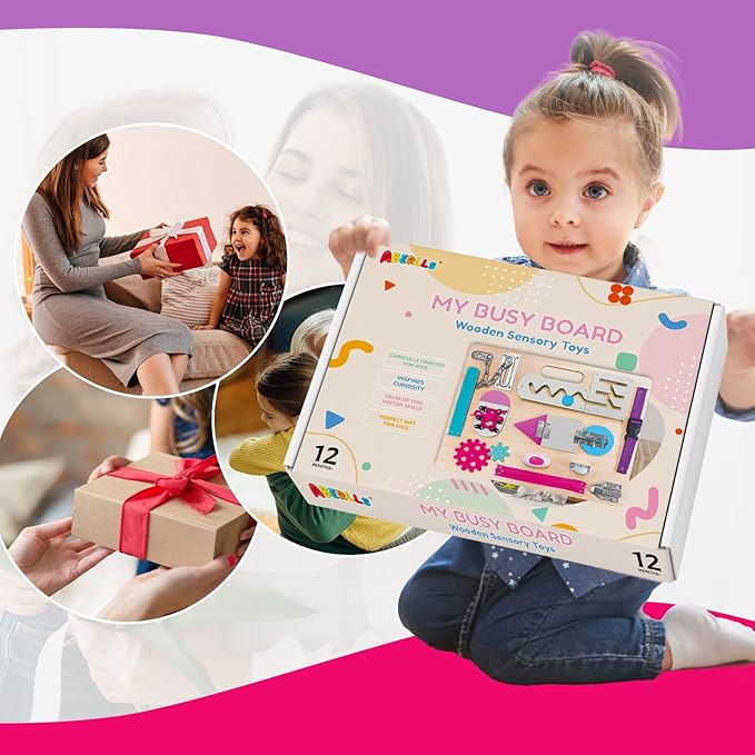 Toddler Montessori Busy Board with LED Light, Montessori Toys for Kids 1 2 3 Year Old, Baby Sensory Board with Light Switches, Preschool Learning Activity, Wooden Travel Toys, Christmas Birthday Gift