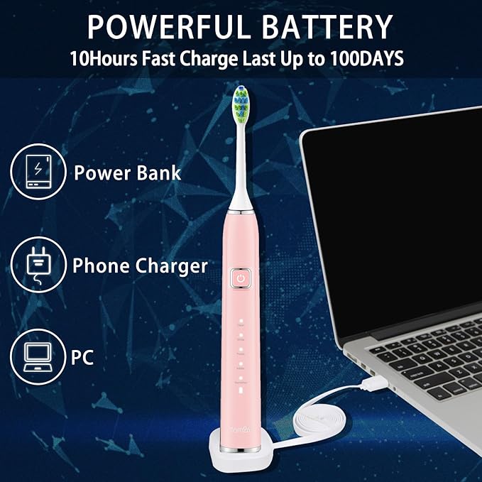 7AM2M Ultrasonic Electric Toothbrush with 6 Brush Heads for Adults&Kids, One Charge for 90 Days, Wireless Fast Charge, 5 Modes 40000VPM Powered Toothbrush, 2 Minutes Built in Smart Timer-Rose Pink