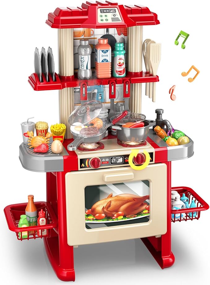 Kids Kitchen Playset for Toddlers, Kids Play Kitchen Set with Sounds and Lights for Toddlers 3-5 6-8, Pretend Food Toy Kitchens Christmas Birthday Gifts for Toddlers Kids 3 4 5 6 7 8 Years Old