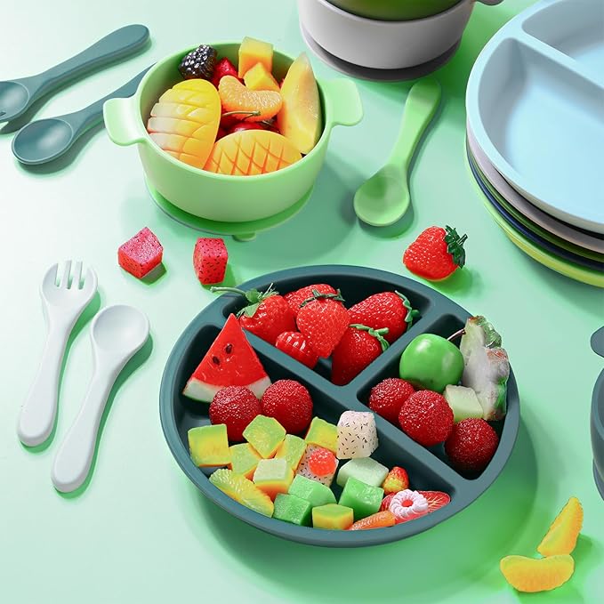 Dandat 24 Pcs Silicone Baby Feeding Set,6 Baby Toddler Suction Bowls 6 Divided Suction Plates with 6 Forks 6 Spoons, Utensils Set for Weaning Infant Feeding and Eating, 6 Styles(Vivid Color)