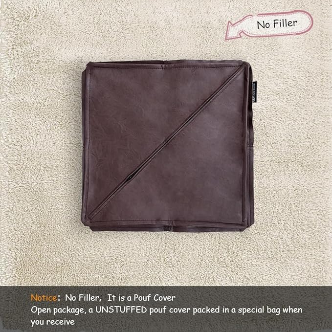 Louis Donné 18 inch Unstuffed Pouf Ottoman Faux Leather Pouffe Floor Chair Waterproof Foot Rest for Living Rooms Bedrooms & Kids Room or House Warming & Wedding Gifts (Brown Coffee, Square)Only Cover