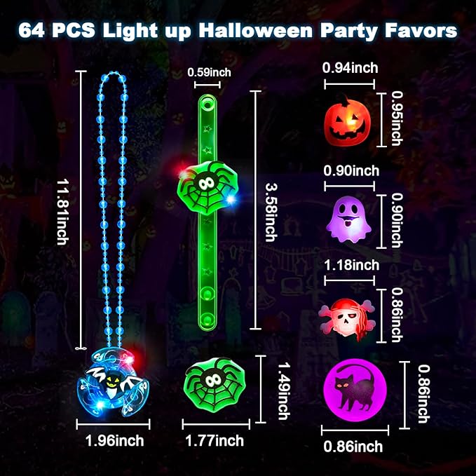 64Pcs Halloween Party Favors for Kids, Glow in The Dark Halloween Toys Bulk Light Up Rings Necklaces Bracelet Halloween Goodie Bag Fillers Stuffers Halloween Treats for Classroom Prizes Trick or Treat