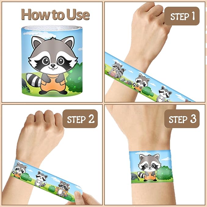 48 PCS Raccoon Slap Bracelets Party Favors, Raccoon Wristbands Bracelets Goodie Bag Fillers for Woodland Raccoon Birthday Party Decorations Supplies Gifts for Kids Boys Girls