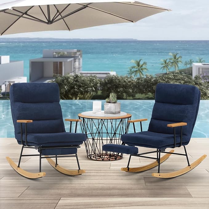 Rocking Chair with Footrest-Glider Rocker Chair with Retractable Footrest and Adjustable Backrest, Teddy Upholstered Rocking Chair Set of 2, Accent Chair for Living Room/Nursery/Bedroom/Outdoor-Blue