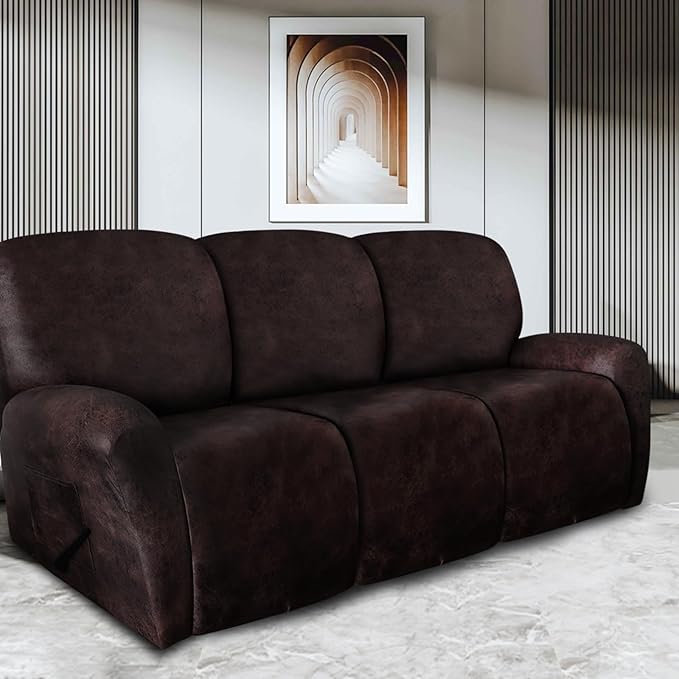 Leather Look Recliner Couch Cover 8-Piece Recliner Sofa Slipcovers 3 Seater for Reclining Couches Furniture Protector Spandex Fabric Washable (Recliner Sofa, Chocolate)