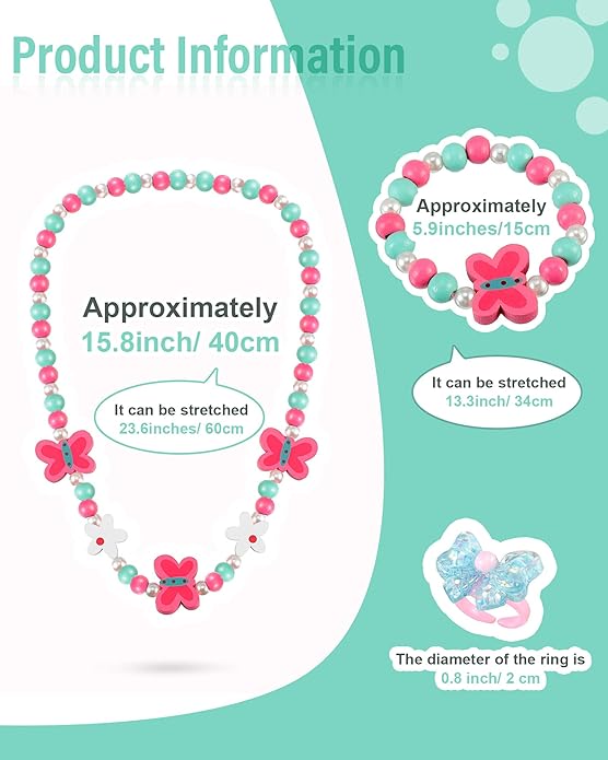 30 Pieces Girl Princess Necklace Bracelet Jewelry Set Includes 10 Sets Girls Beaded Necklace Bracelet and 10 Rings with Plastic Heart Shaped Box for Dress Up Party Cosplay Accessories