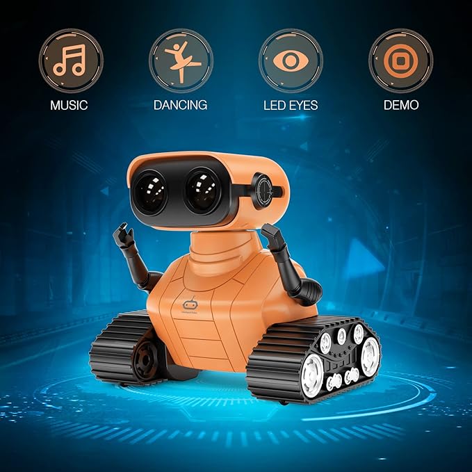 ALLCELE Robot Toys, Rechargeable RC Robots for Kids Boys, Remote Control Toy with Music and LED Eyes, Gift for Children Age 3 Years and Up - Orange