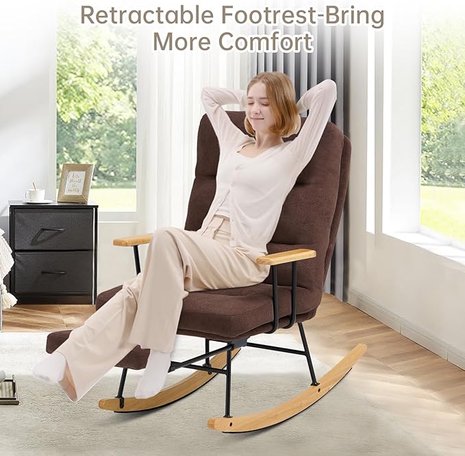 Rocking Chair with Footrest-Glider Rocker Chair with Retractable Footrest and Adjustable Backrest, Teddy Upholstered Rocking Chair Set of 2, Accent Chair for Living Room/Nursery/Bedroom/Outdoor-Brown