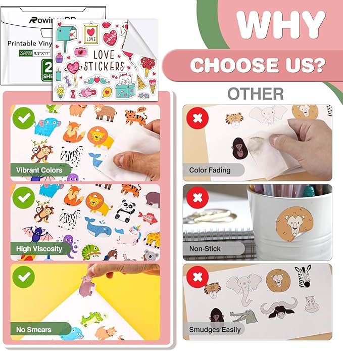 20 PCS Printable Vinyl Sticker Paper for Inkjet Printer & Laser Printer,Standard Letter Size 8.5"x11",Waterproof Sticker Paper Dries Quickly Vivid Colors,Matte White