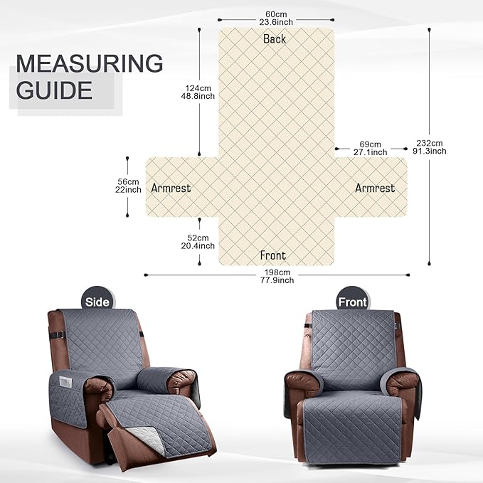 KinCam 100% Waterproof Recliner Chair Cover, Reclining Couch Covers for Pets, Dogs, Recliner Couch Slipcover Furniture Protector with Elastic Straps for Kids(23.6", Dark Gray)