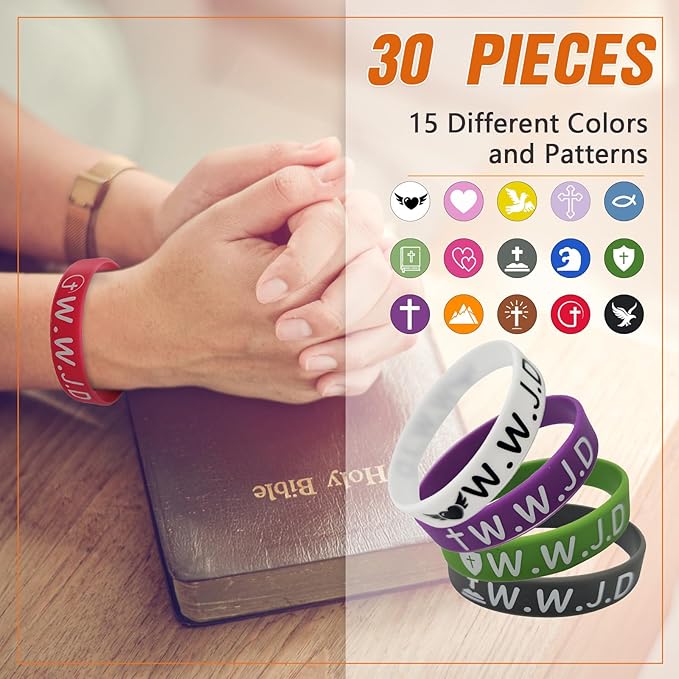 30Pcs WWJD Rubber Bracelets What Would Jesus Do Colorful Silicone Wristbands for Church Christian Jesus Bible Party Favors for Men Women Inspirational Motivational Bracelet Gifts