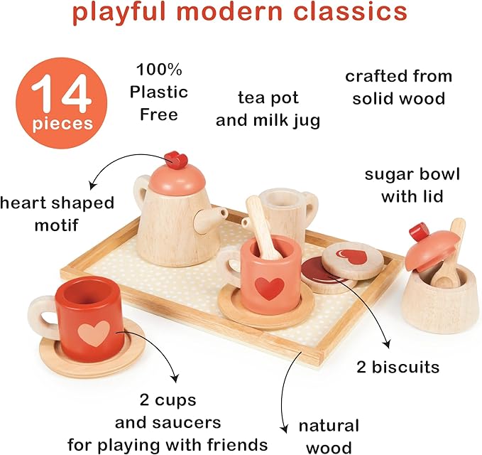 Mentari Toys - Tea Time Tray Set - Wooden Pink Teapot, Cups and Trays for Pretend Afternoon Tea Party - Social, Creative, and Imaginative Development - Learning Role Play - Age 3+