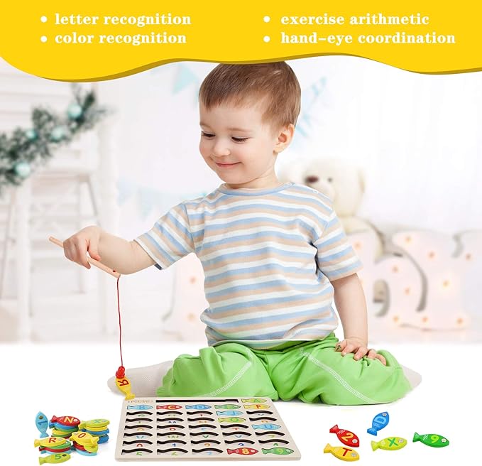 Magnetic Wooden Fishing Game Toy for Toddlers, Alphabet Fish Catching Counting Games Puzzle with Numbers and Letters, Preschool Learning ABC Math Educational Toys 3 4 5 Years Old Girl Boy Kids