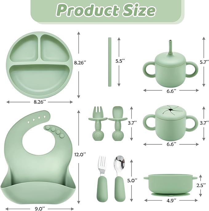 Silicone Baby Feeding Set, Baby Led Weaning Supplies, Eating Essentials Utensils with Suction Plate and Bowl, Pocket Bib, Sippy Cup with Lid, Forks Spoons Snack Container, for 6+ Months, Green
