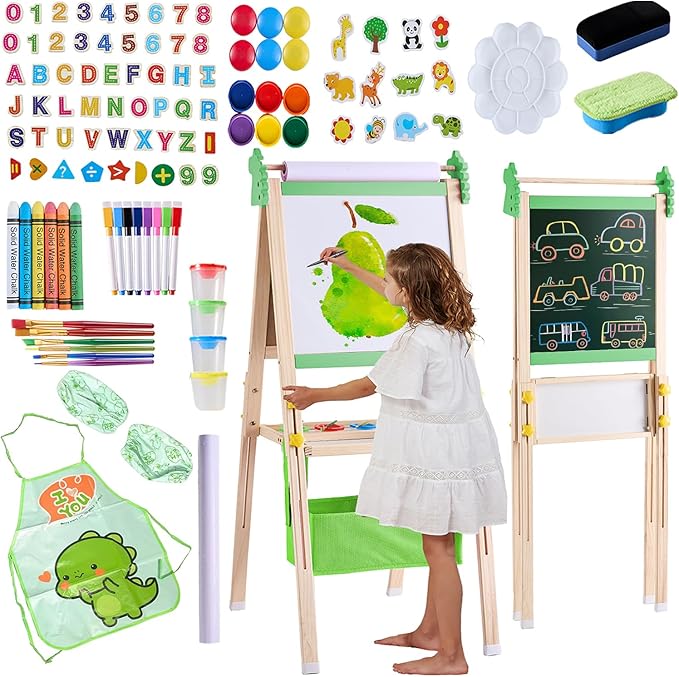 2-in-1 Double Sided Kid's Easel, Height-Adjustable Art Easel for Boys and Girls Ages 3-10, Including 100+ Accessories with Magnetic Chalkboard & Painting Board, Toddler Gifts (Light Green)
