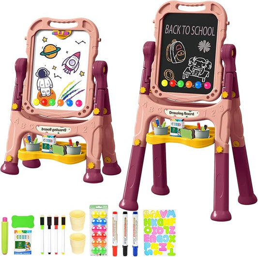 Kids Art Easel, Adjustable Drawing White Board & Chalk Board, Toddler Standing Easel with Painting Accessories, Gift for Girls Boy (Orange)