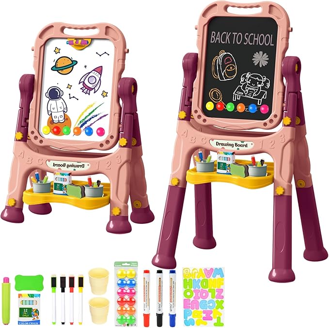 Kids Art Easel, Adjustable Drawing White Board & Chalk Board, Toddler Standing Easel with Painting Accessories, Gift for Girls Boy (Orange)