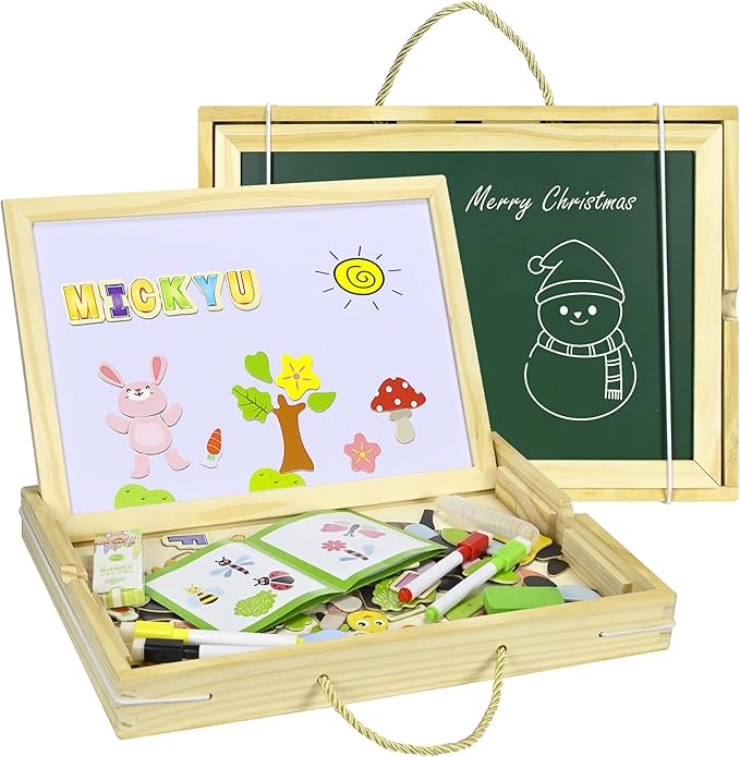 MICKYU Wooden Magnetic Board Puzzle Games, Double Sided Chalk Board Art Easel for Kids, Educational Portable Travel Toy for Kids Ages 3-5