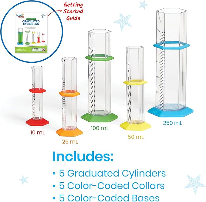 hand2mind Starter Science Graduated Cylinder Set, Science Lab Equipment Kids, Measuring Toys for Kids, Educational Science Kits, Kids Chemistry Set, Science Supplies for Classroom (Set of 5)