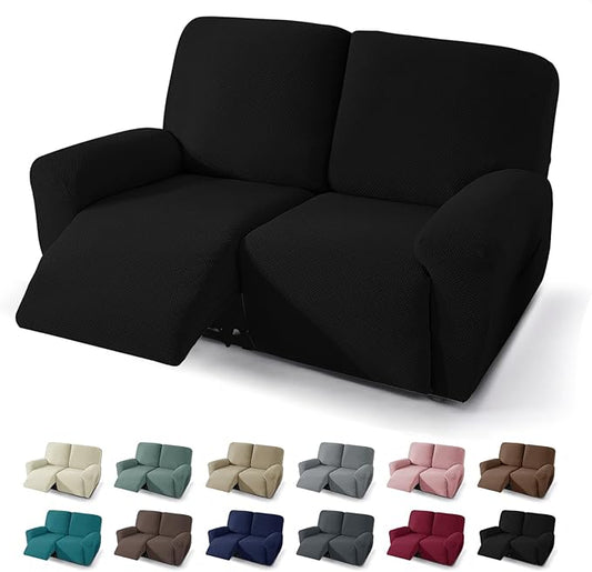 JIVINER 4 Pieces Recliner Loveseat Covers Stretch Recliner Sofa Slipcover with Elastic Bottom Jacquard Fitted Reclining Couch Cover Furniture Protector with Pockets (2 Seater, Black)