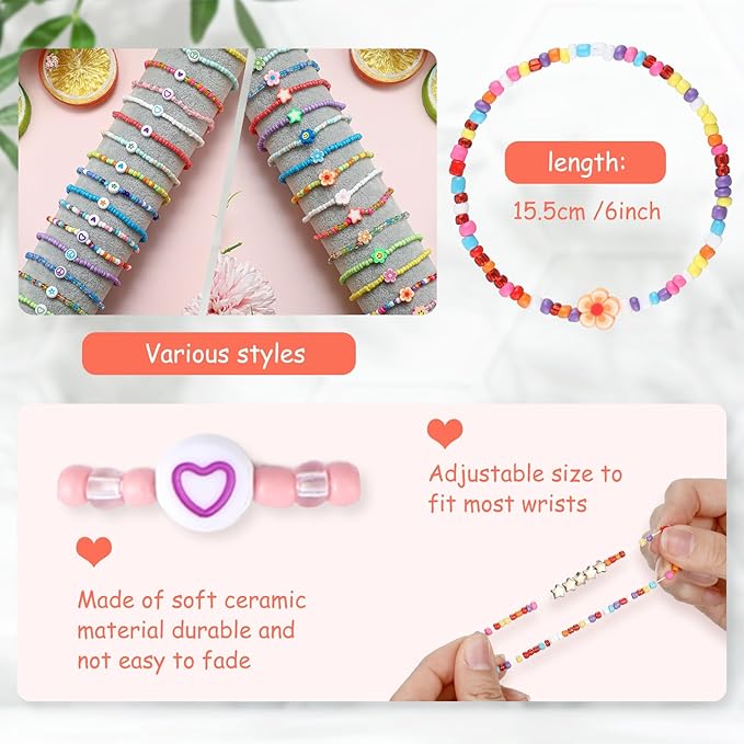 48 Pcs Colorful Kids Friendship Bracelet Set Adjustable Beads Bracelets Cute Friendship Princess Pretend Play Bracelet Stretch Beaded Bracelet Preppy Bracelets Set for Girls Women (Cute)