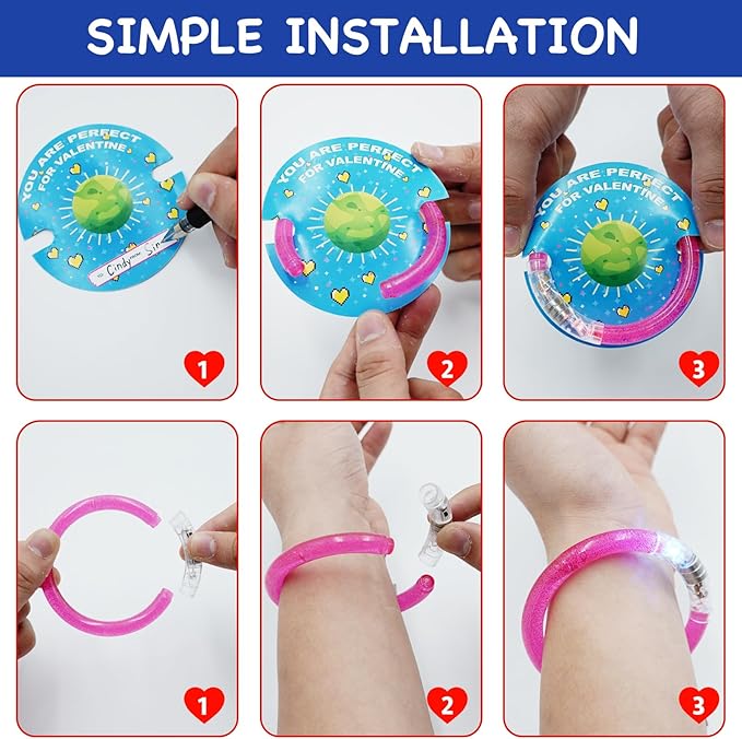 28 Pack Valentines Day Gifts for Kids，Valentine Glow Sticks Bracelet with Valentine's Day Gift Cards for Valentine Light Up Toy Valentines Day Gifts for kids School Classroom Party Favors Supplies