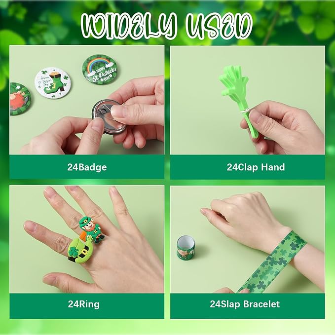 218 Pcs St. Patrick's Day Accessories Party Favors for Kids Include Gift Bag Slap Bracelet Badge Sticker Stamper Ring Hand Clapper Coin, St. Patrick's Day Gifts Irish Party Supplies