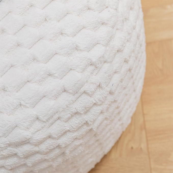 Round Stuffed Pouf Ottoman 20x20x12 Inches Faux Fur Ottoman Foot Rest Under Desk Foot Stool Great for Living Room, Bedroom Small Furniture (Ivory Pouf with Filler)