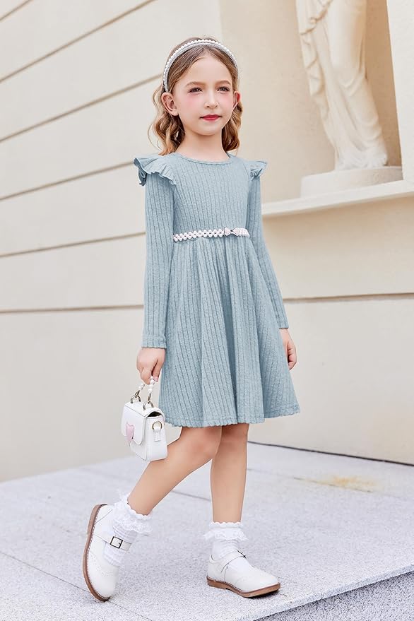 Arshiner Toddler Girl Dress Baby Girls Knitted Ruffle Sleeve Pocket Dresses A-Line Flared Fall Winter Clothes for 2-8 Years