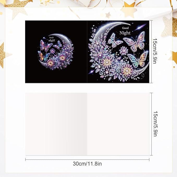 6 Pcs 5D Rhinestone Painting Greeting Cards Kits, Handmade Festival Greeting Cards with Envelopes Holographic Shimmer Design DIY Diamond Art Crafts Birthday Cards for Adults (Butterfly Moon)