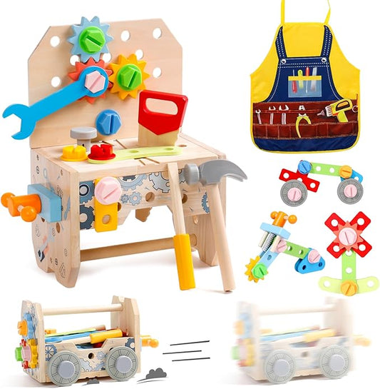 Kids Tool Set, Wooden Toddler Tools Bench Toys for 2 3 Year Old Boys Girls, Montessori Toys for Ages 2-4 STEM Educational Construction Toys for 3 4 5 Year Old Birthday Gift for Toddlers (52 PCS)