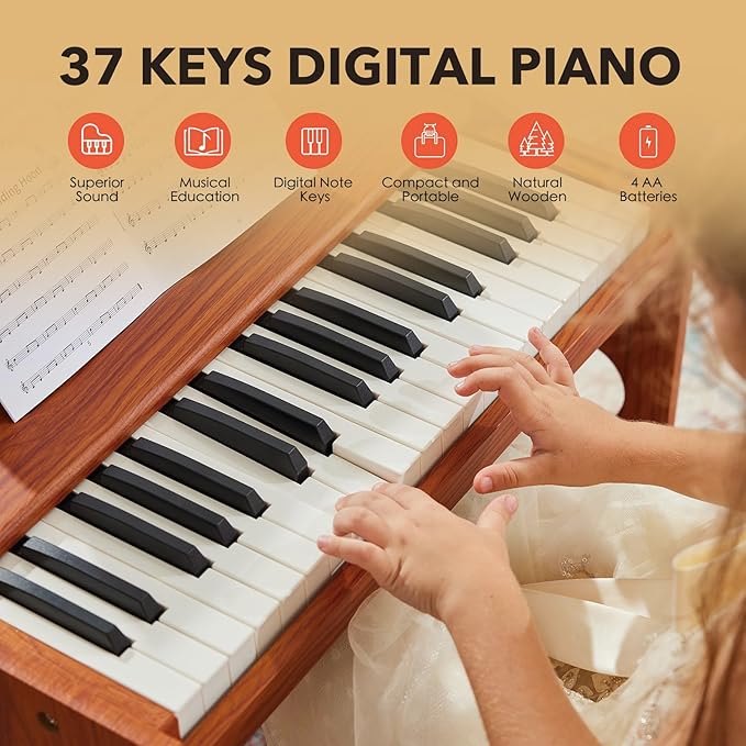 Kids Piano Keyboard, 37 Keys Digital Piano for Children, Toddler Music Educational Instrument Toy Wood Piano for 2+ Girls and Boys (brown)