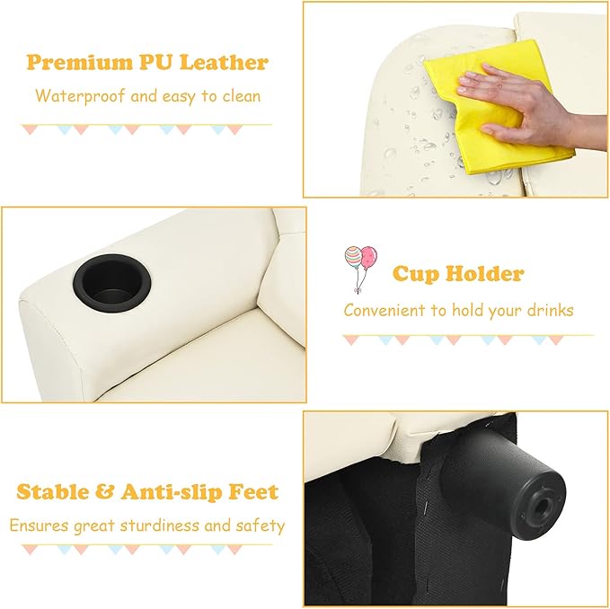 Costzon Kids Recliner Chair with Cup Holder, Toddler Furniture Children Armrest Sofa w/Headrest & Footrest for Girls Boys Baby Bedroom, Kids Room, PU Leather Kids Recliner Couch (Beige)