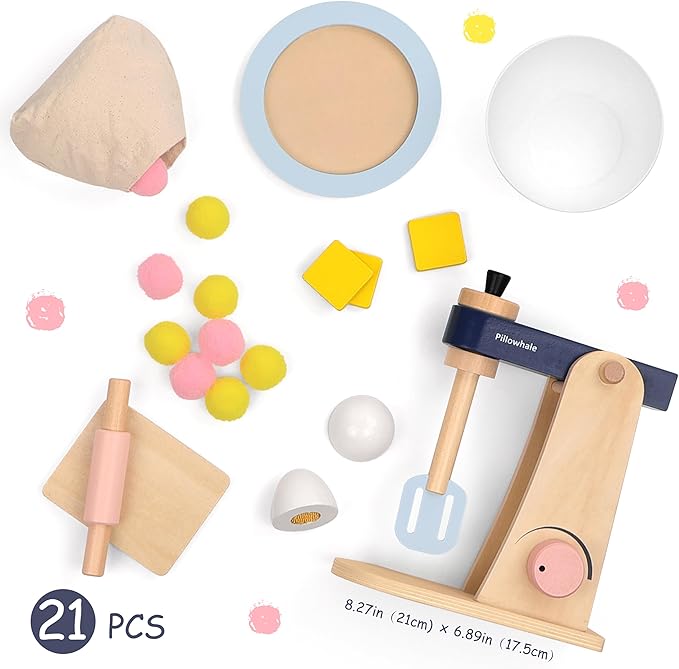 Kids Kitchen Playset, Wooden Toy Mixer with Toy Food, Toddler Baking Set Stand Mixer, Pretend Play Toy Blender for Boys and Girls Ages 3+