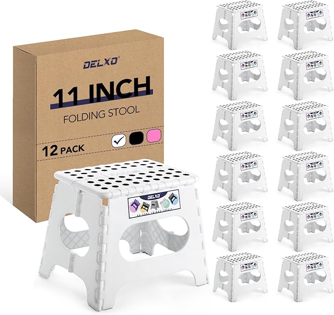 Delxo Folding Step Stool,11 Inch Foldable Step Stools for Kids & Adults,Portable Collapsible Step Stool with Handle, Lightweight Plastic Folding Stool for Kitchen Bathroom,Bedroom (White 12 Packs)