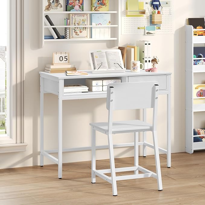 Kids Desk and Chair Set, Student Writing Desk, Kids Study Desk with Book Sorter and Fabric Drawer, Kids Wooden Study Table, for Study, Kids Room, Bedroom, White KDBW11901N1