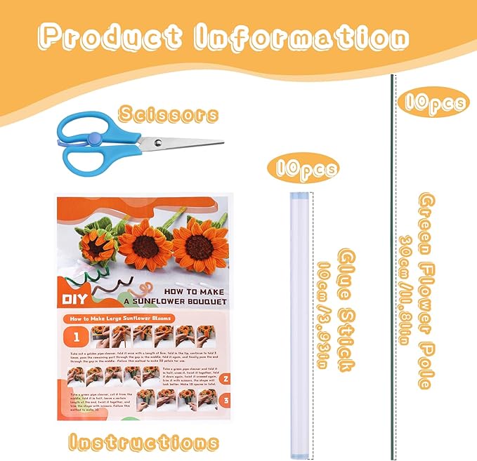 430PCS Pipe Cleaners Chenille Stem Craft Flower Supplies, Pipe Cleaner Flowers Crafts, Pipe Cleaner Sunflowers Kit with Instructions, 3 Colors Pipe Cleaners Set for DIY Art Craft Decorations-5 flowers