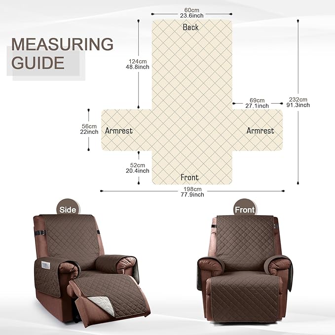 KinCam 100% Waterproof Recliner Chair Cover, Reclining Couch Covers for Pets, Dogs, Recliner Couch Slipcover Furniture Protector with Elastic Straps for Kids(23.6", Brown)
