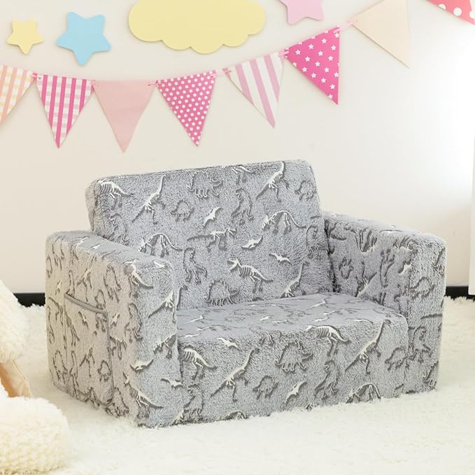 ALIMORDEN 2-in-1 Flip Out Cuddly Sherpa Toddler Couch, Convertible Sofa to Lounger, Glow in The Dark,Dinosaurs