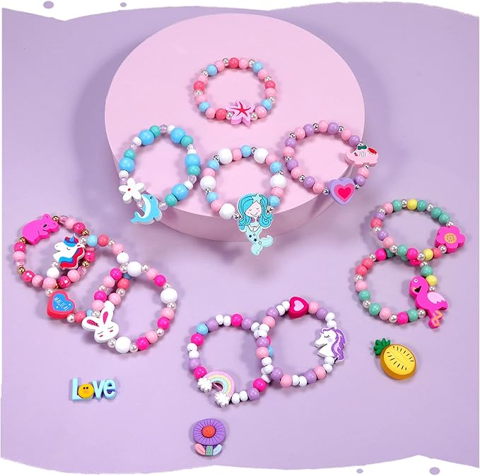 20 Psc Girls Bracelets Kids Party Favors Birthday Goodie Bag Fillers Pinata Stuffers Classroom Prize Exchange Gifts, Princess Play Jewelry Cute Animals Wooden Beads Friendship Bracelets Gifts