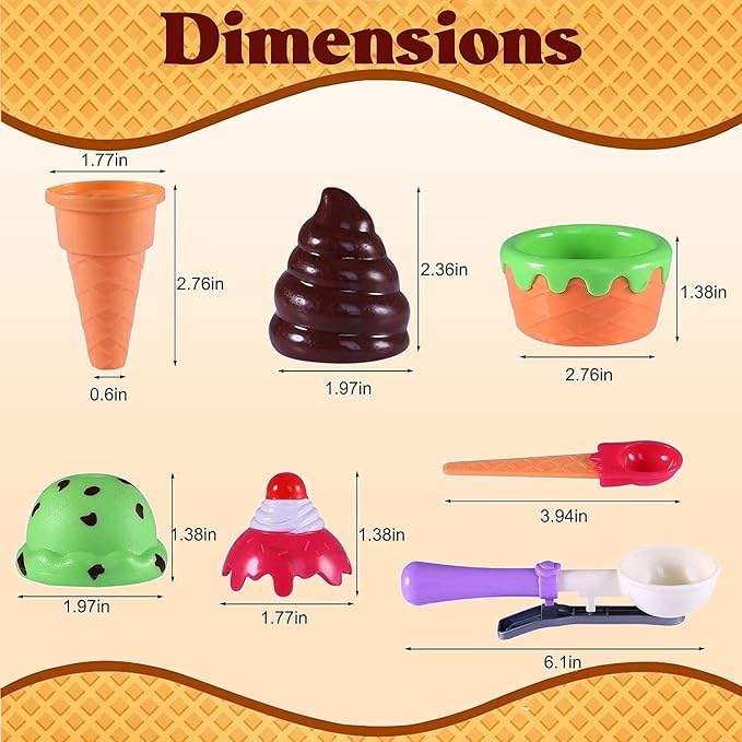Kids Ice Cream Toy Set - Pretend Play Sweet Treats Ice Cream Parlour Dessert Accessories Playset with Cone and Scoop for Toddler Imaginary Play