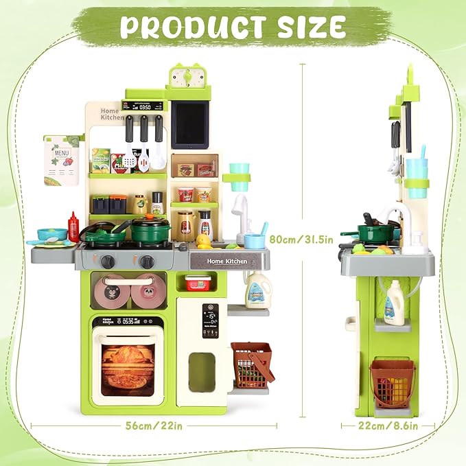 Kids Kitchen Playset, Easface Play Kitchen for Toddlers 1-3 with Sound and Light, Cooking Stove with Steam, Play Sink and Toy Kitchen Accessories Pretend Kitchen Toys for Girls Boys 3-5 (Soft Green)