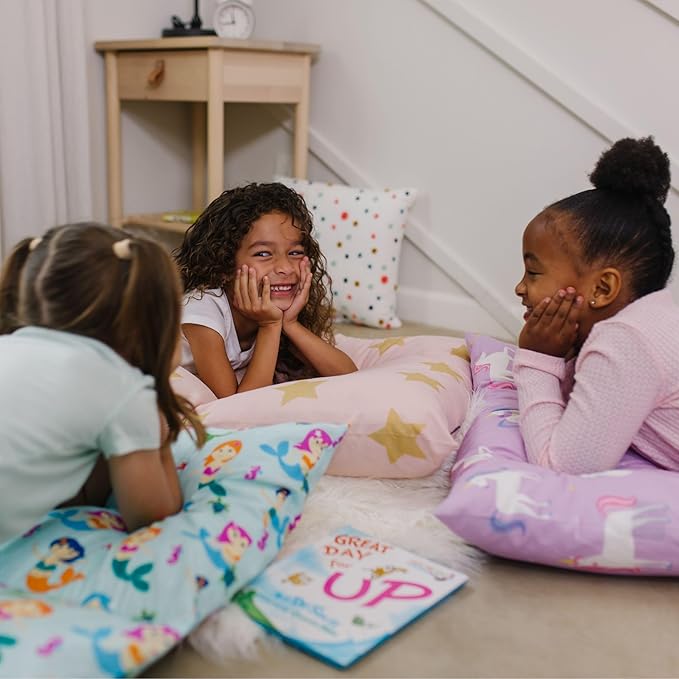 Wildkin Kids Floor Lounger: Ideal for Boys and Girls, Travel-Friendly, Perfect for Sleepovers - Pillow Lounger for Kids, Requires Standard Size Pillows Not Included (Pink and Gold Stars)